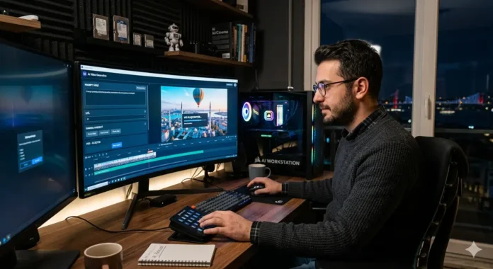 man-using-ai-video-generation-workstation-at-night Yapay Zeka ile Video Oluşturma