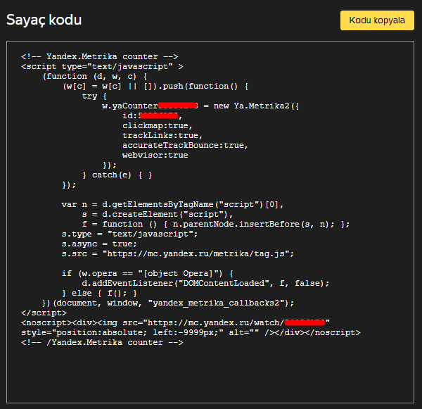 Yandex Metrica Sayaç Kodu