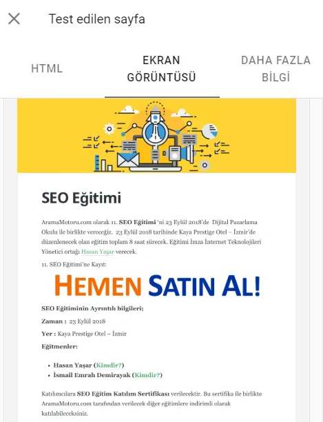 Google Search Console URL Denetleme Aracı Ekran Görüntüsü