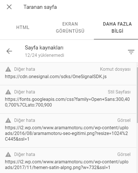 Google Search Console URL Denetleme Aracı Engellenen KAynaklar