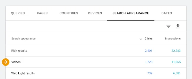 Search Console video arama sonuçları raporu