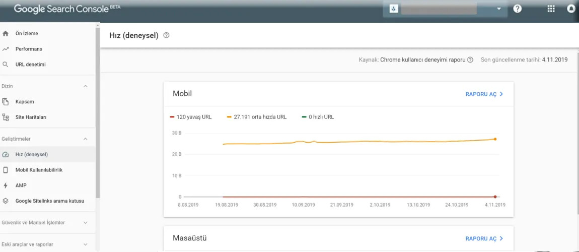 Google Search Console Sayfa Hızı Raporu