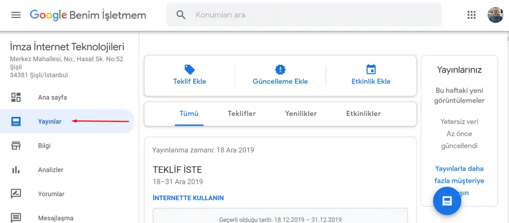 Google My Business Yayınlar