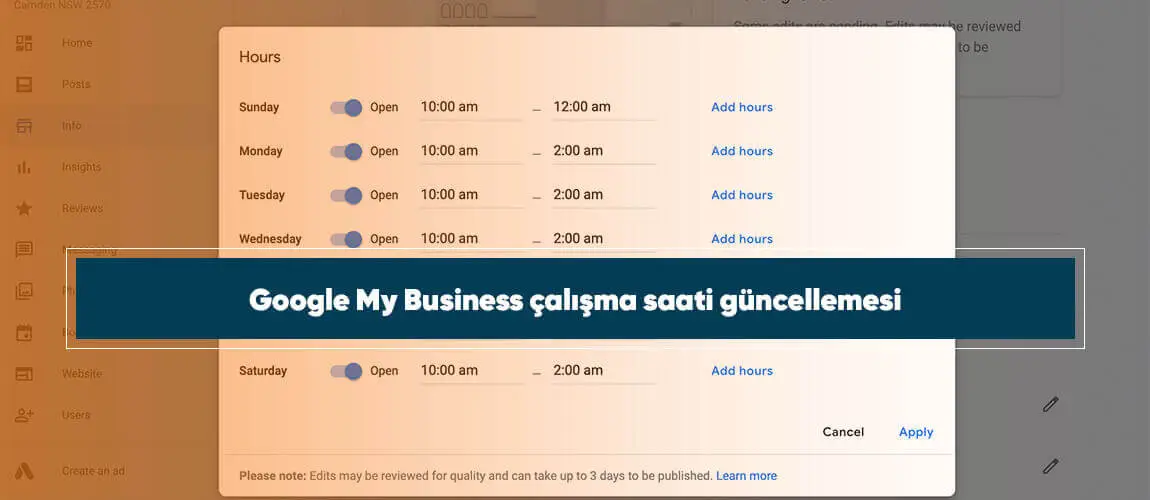 Google My Business çalışma saati güncellemesi